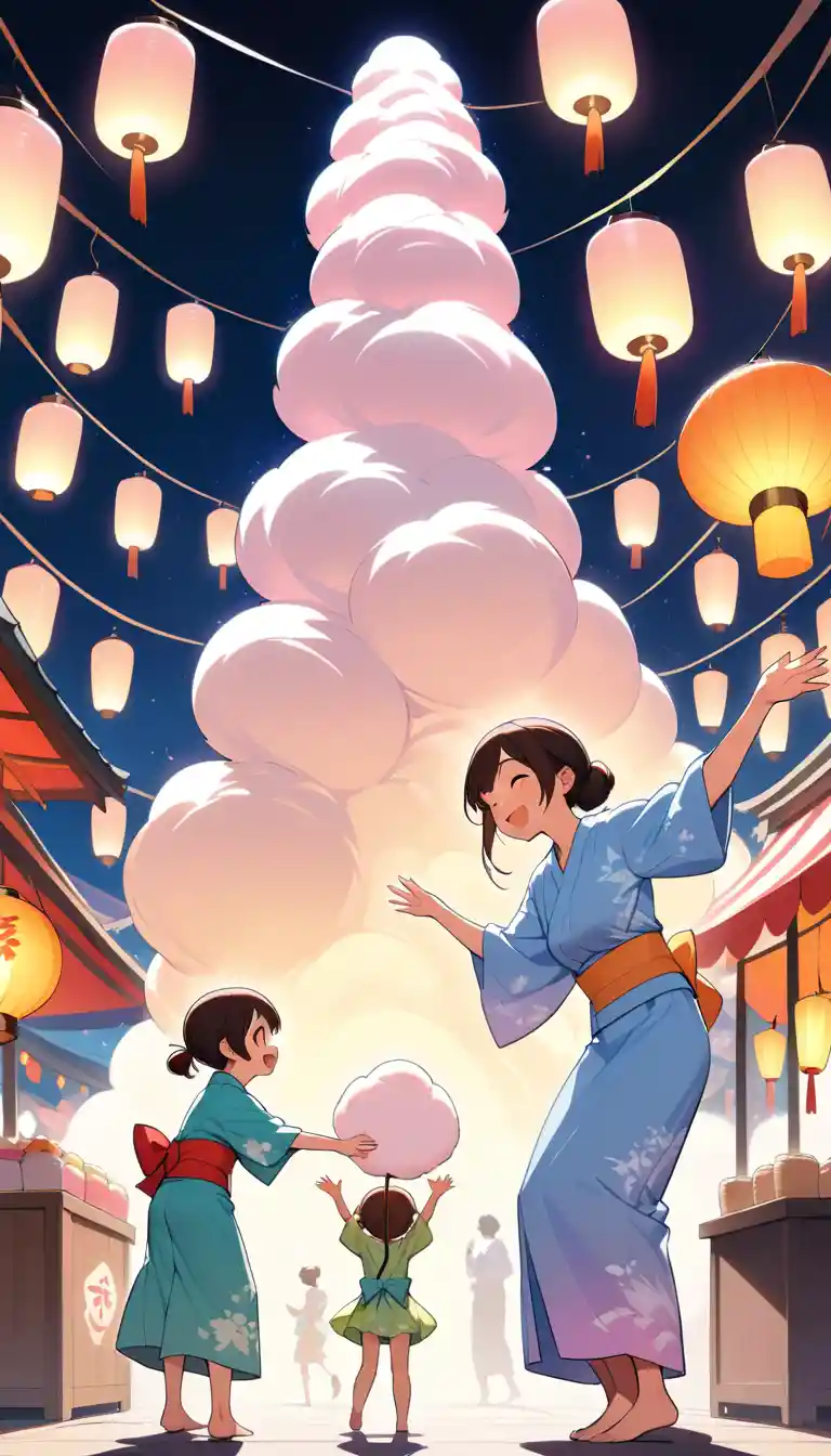 Anime girls sharing cotton candy at a summer festival stall