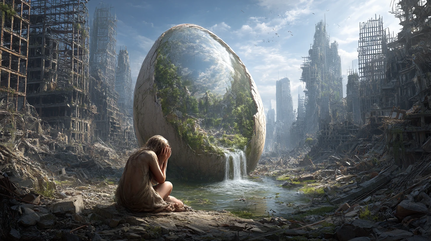 Ruined dystopian city with giant egg of new life