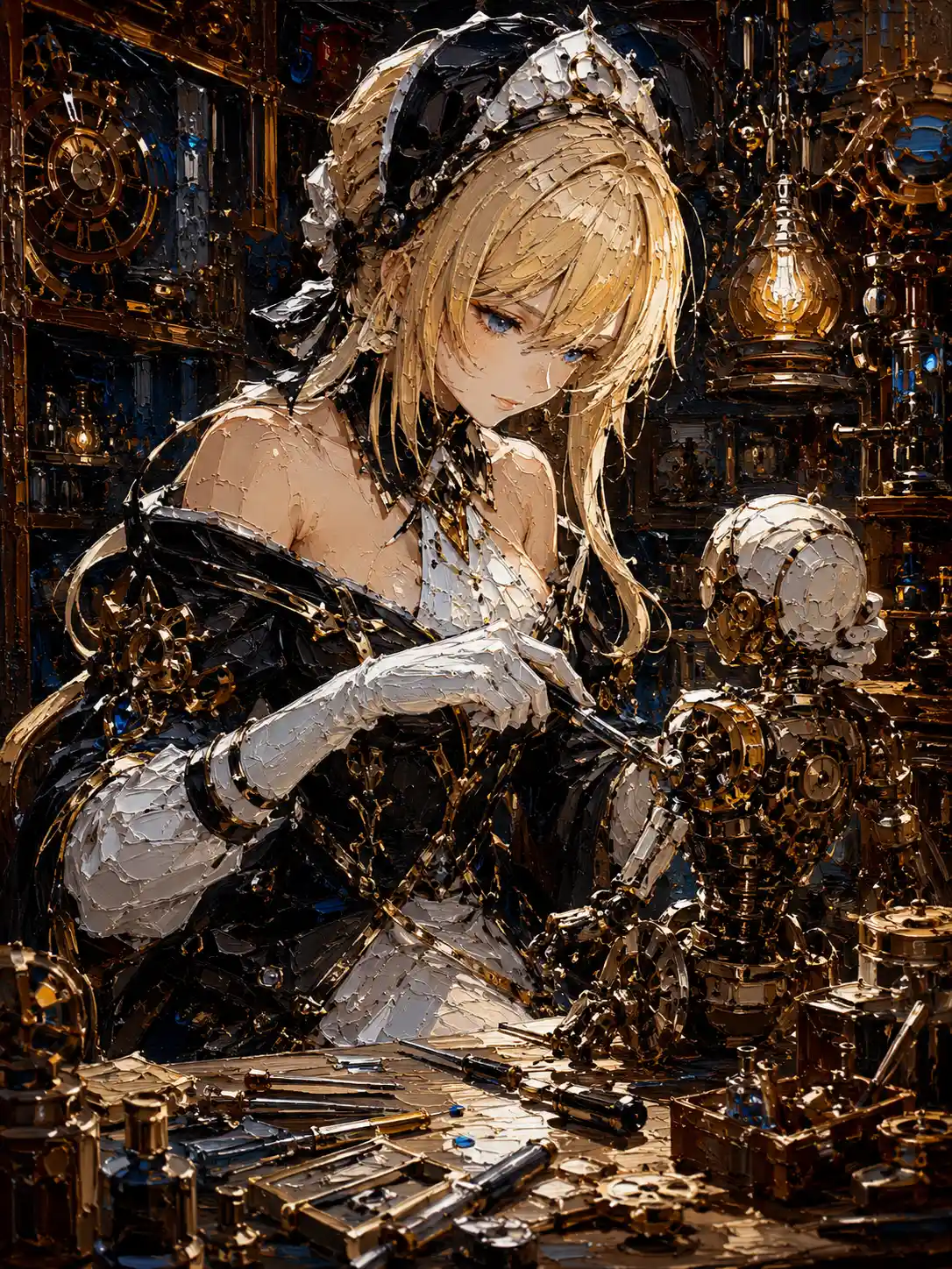 Peinture en empâtement d’une inventrice dans un atelier steampunk