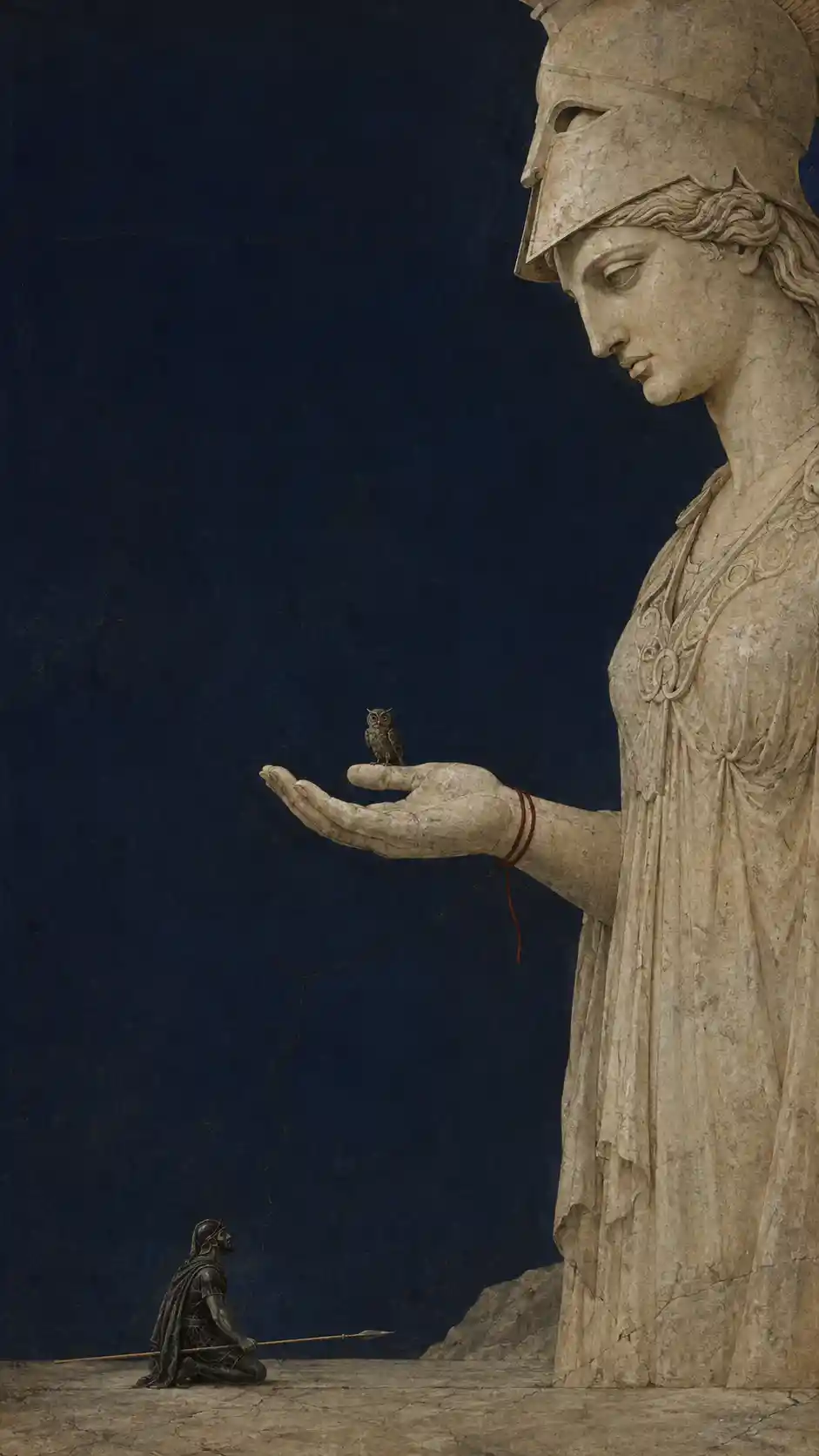 Ulisse si inginocchia davanti a una colossale figura di Atena in pietra