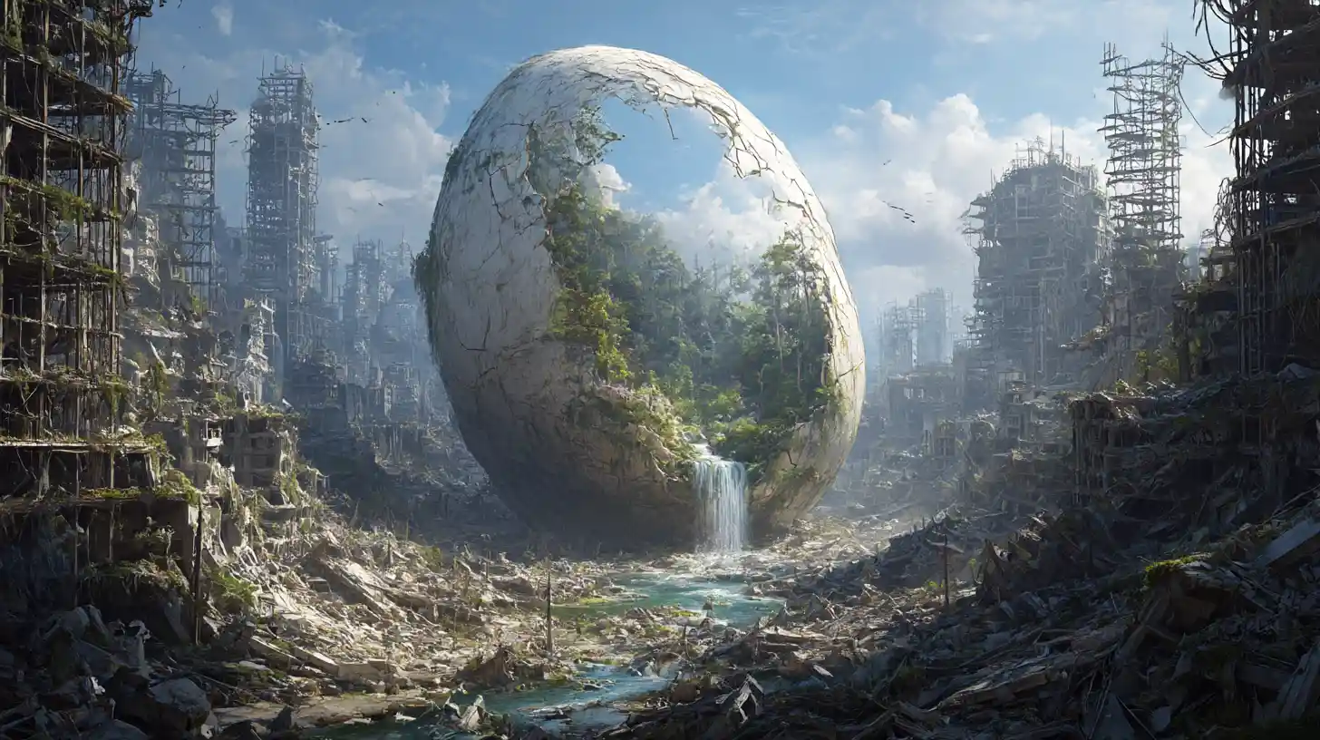 Ruined City With Giant Egg Cracking To Reveal New Forest