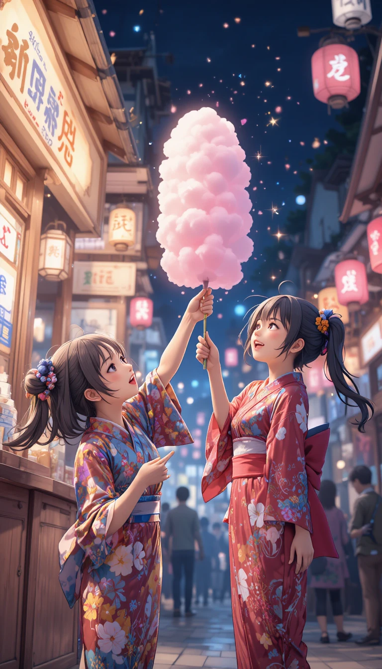 Anime girls sharing cotton candy at a lantern lit festival stall