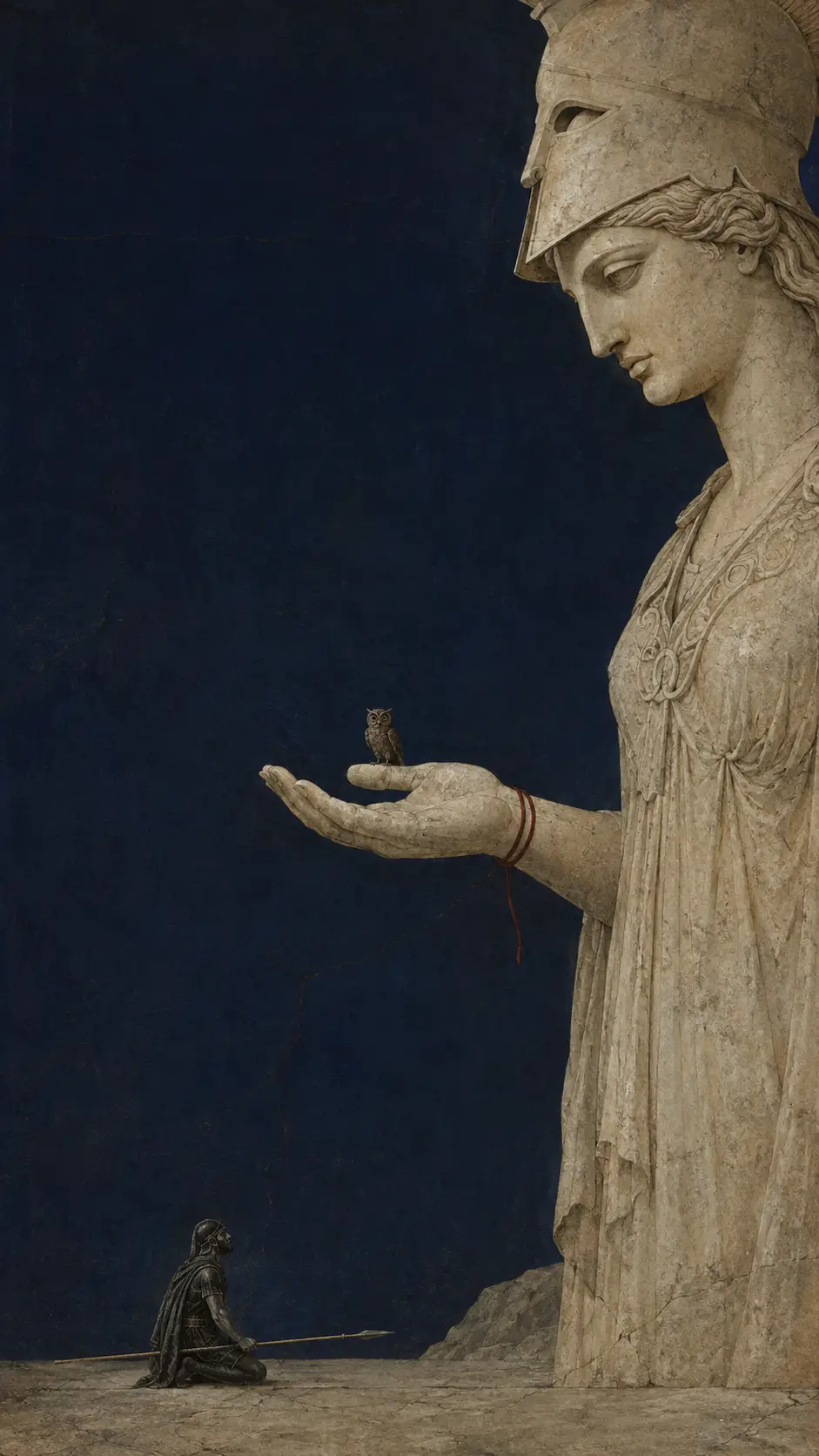 Odysseus kniet vor einer kolossalen steinernen Athene-Figur