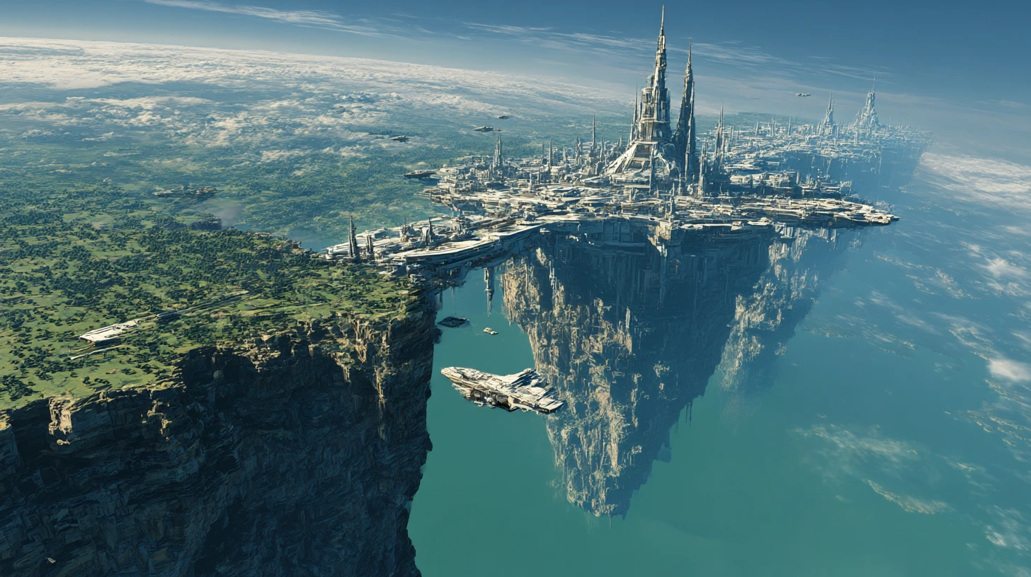 Città futuristica con spazioporto lungo un’immensa scogliera