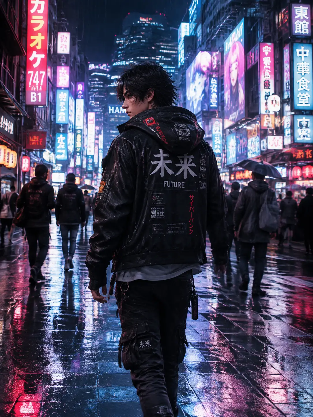 Junger Mann geht durch eine neonbeleuchtete futuristische Straße in Tokio