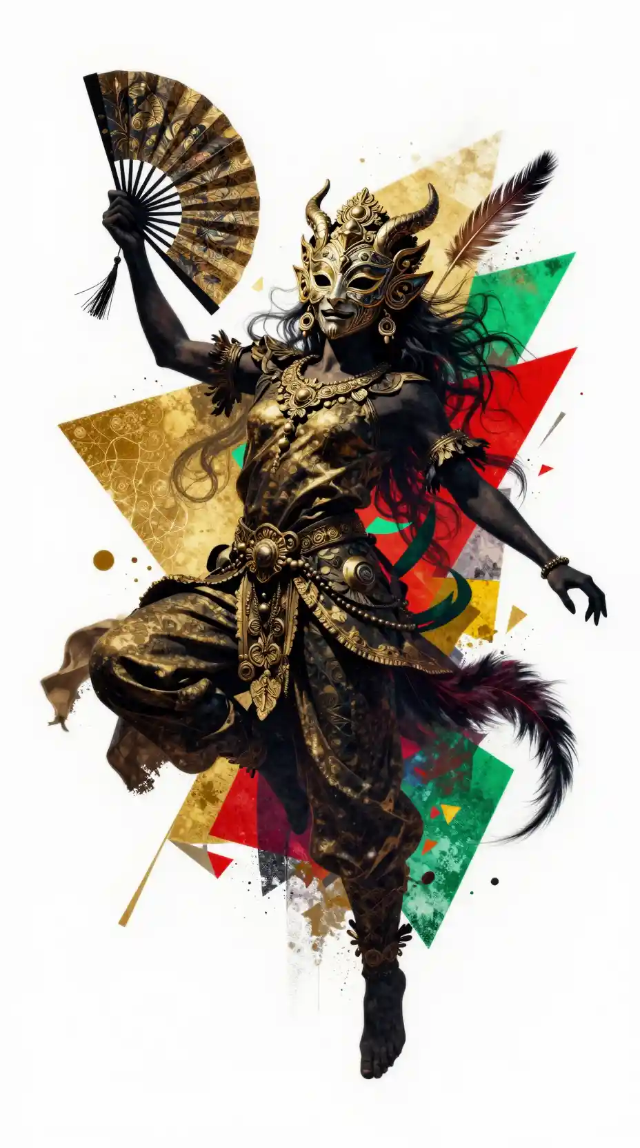 Masked figure posing with ornate fan on abstract shapes