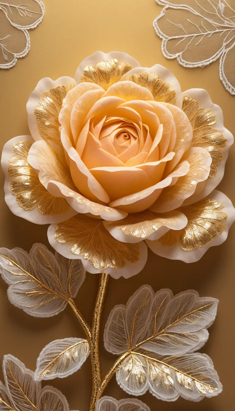 Rosa chá rendada delicada em suave luz dourada cintilante
