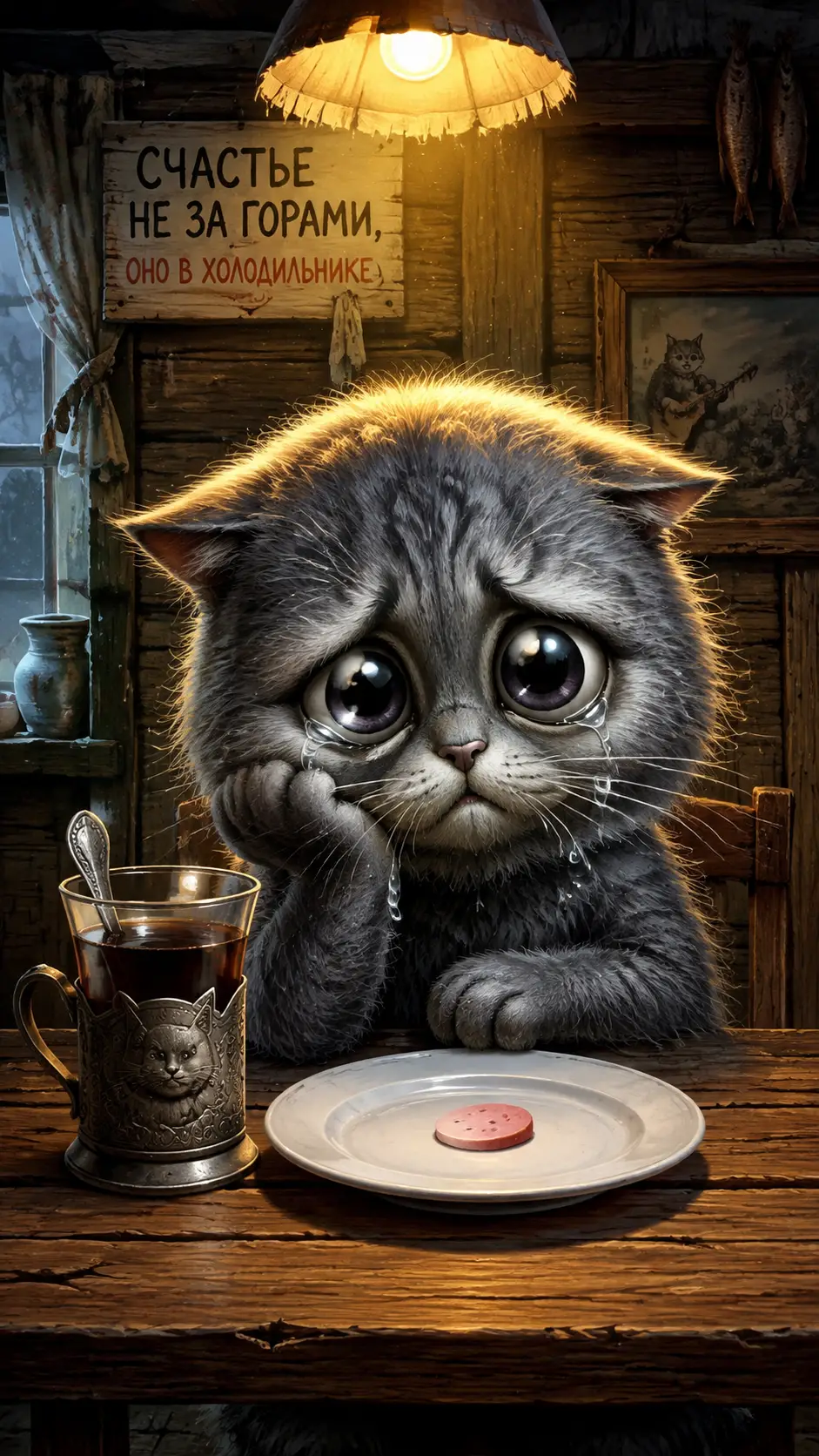 Chaton gris duveteux et triste à une table en bois rustique