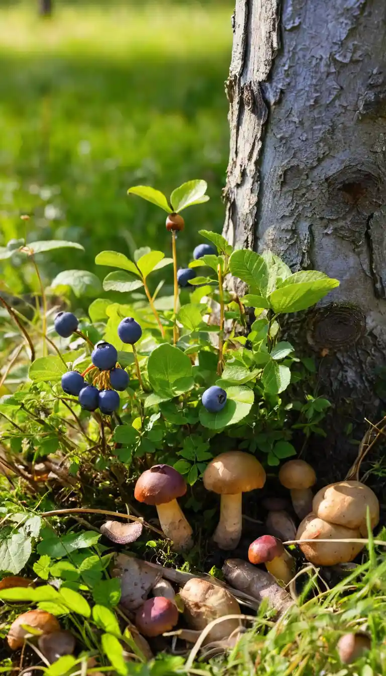 Gros plan sur un buisson de myrtilles et des champignons dans l’herbe ensoleillée de la forêt