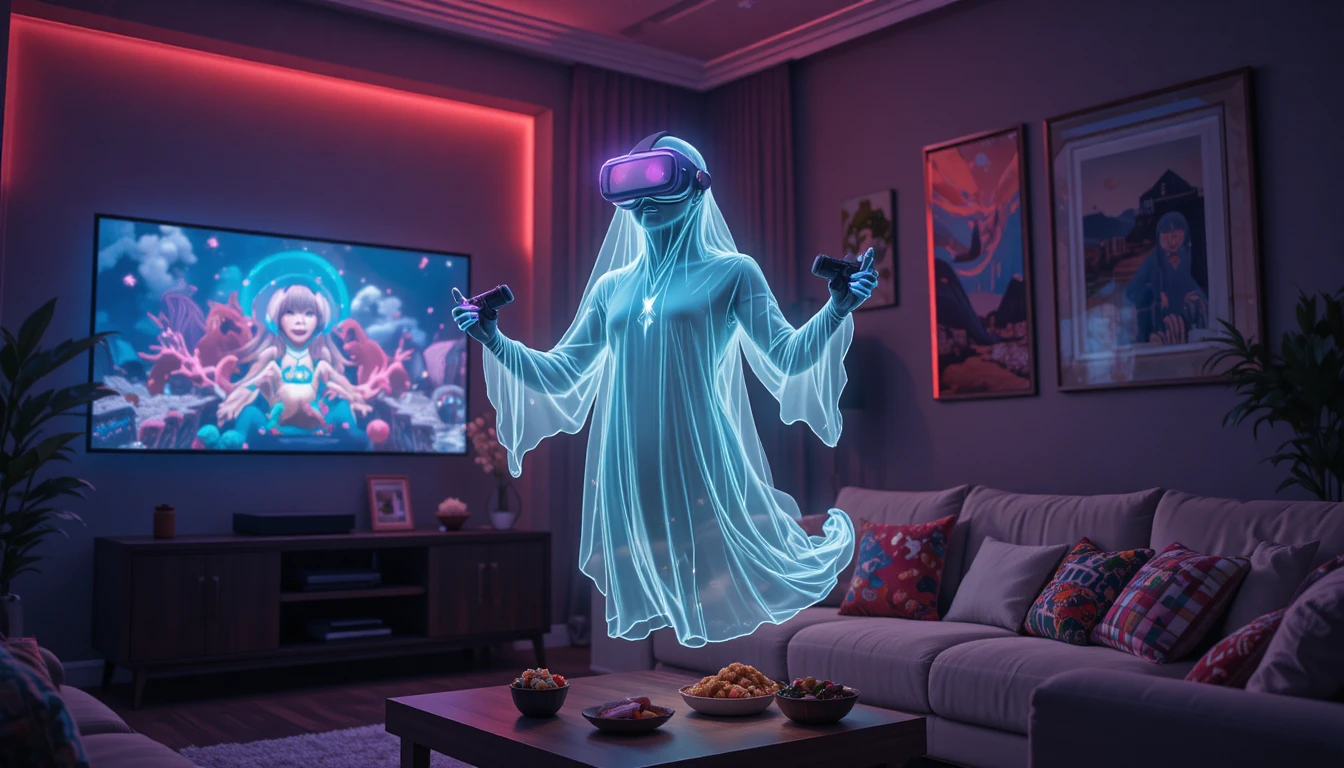 Fantasma fã de tecnologia jogando em uma sala de estar iluminada por neon