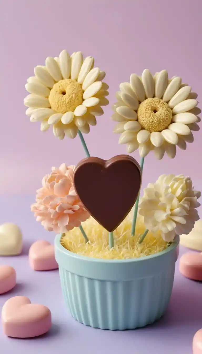 Primer plano de adorables trompos con corazón de chocolate