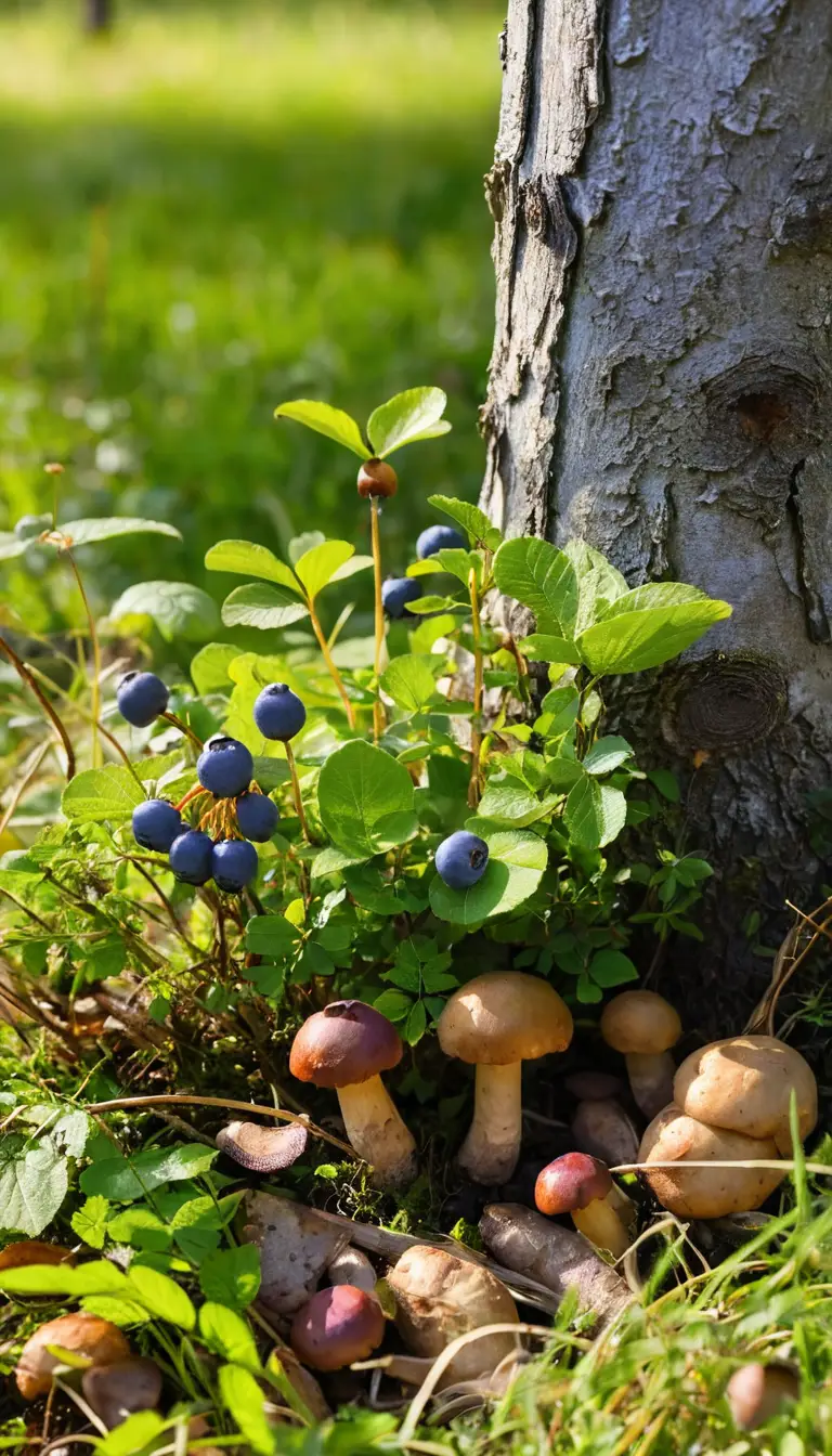 Close up blueberry bush and mushrooms in sunlit forest grass
