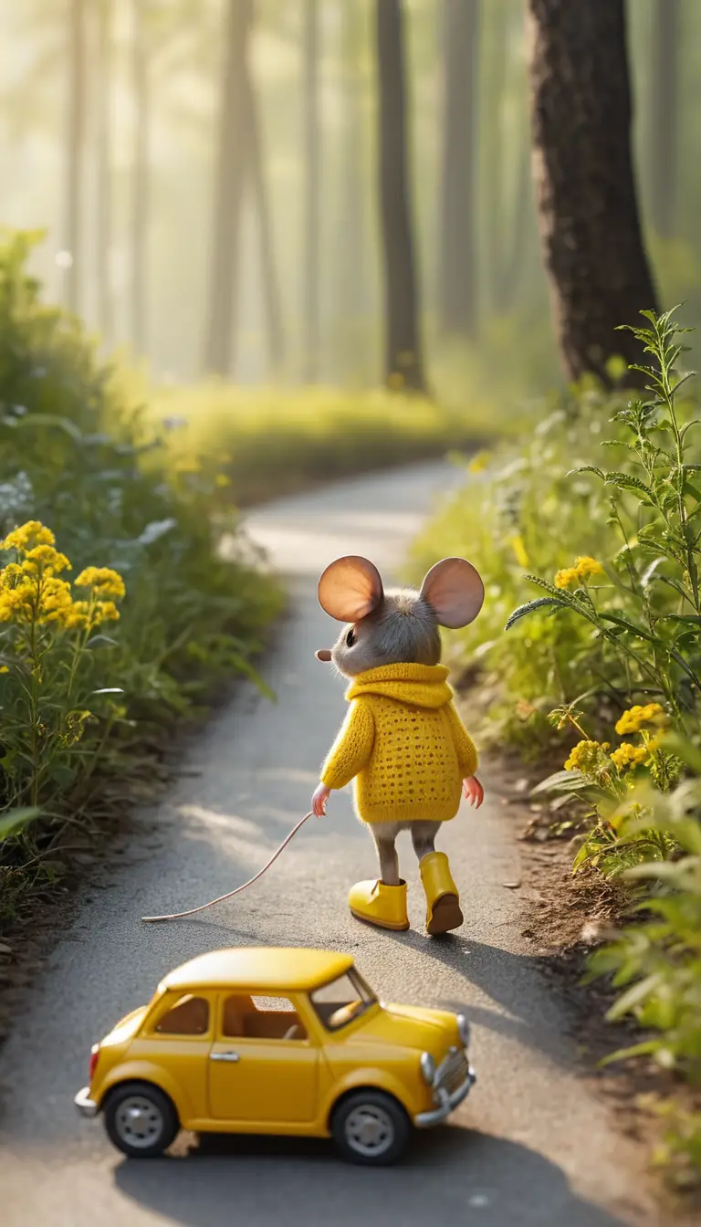 Tiny mouse in yellow sweater on a sunny forest path