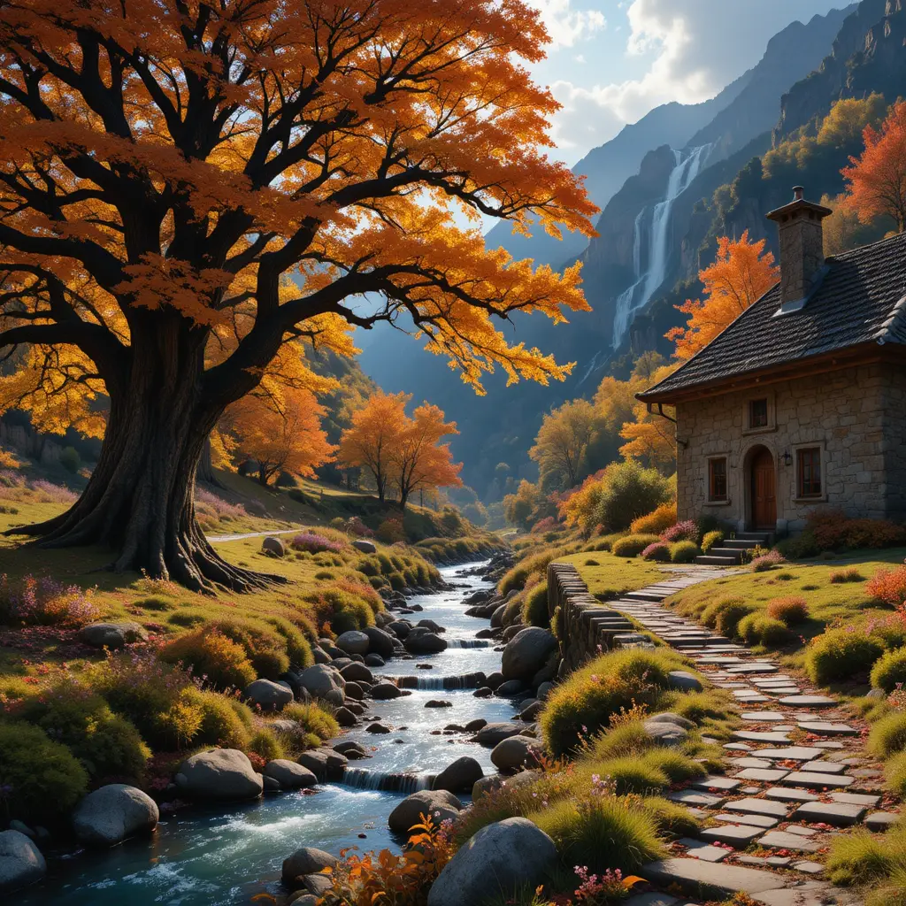 Peaceful Autumn Valley With Oak Tree And Stone Cottage