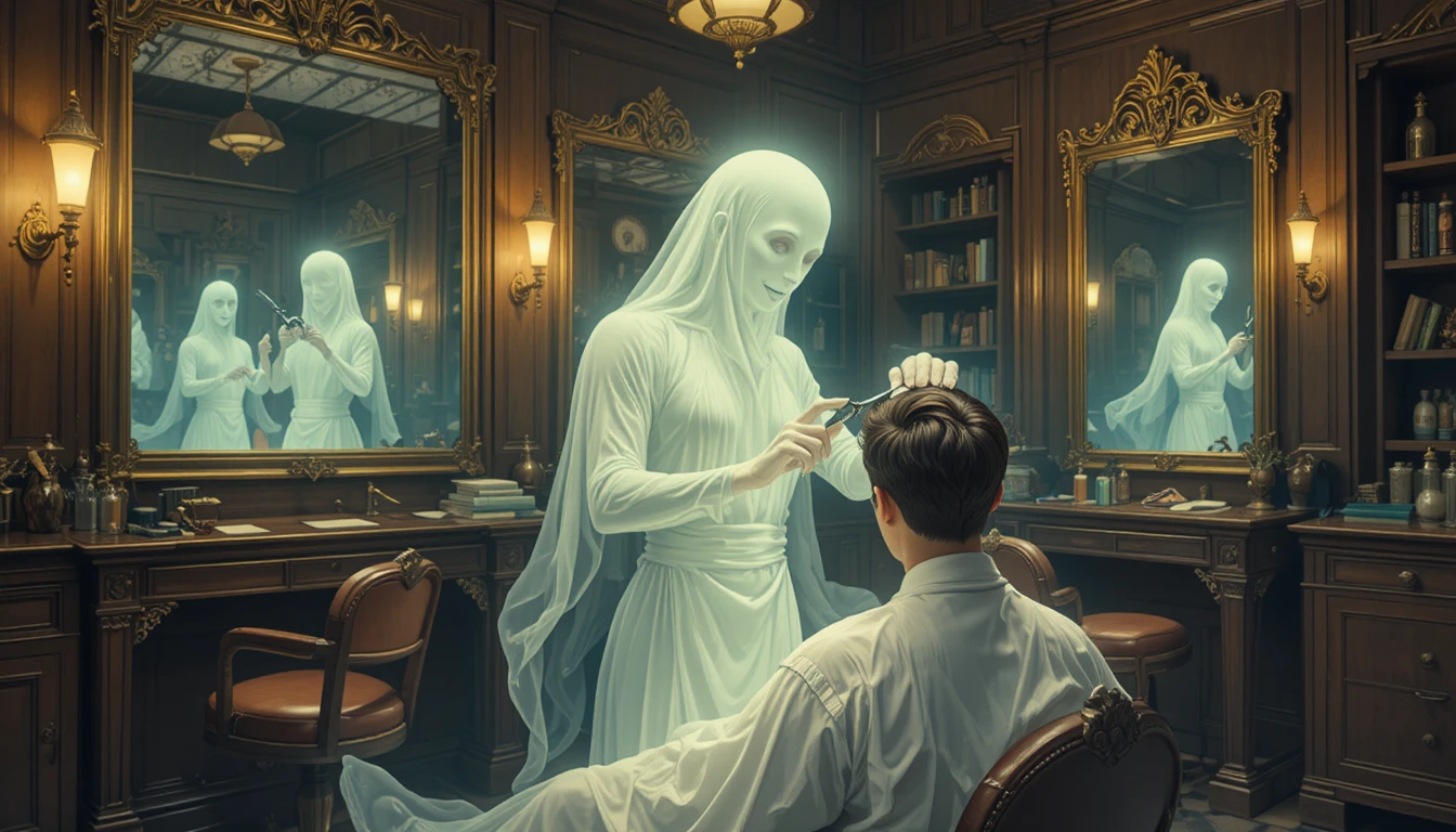 Barbeiro fantasma atendendo um cliente em uma barbearia vitoriana
