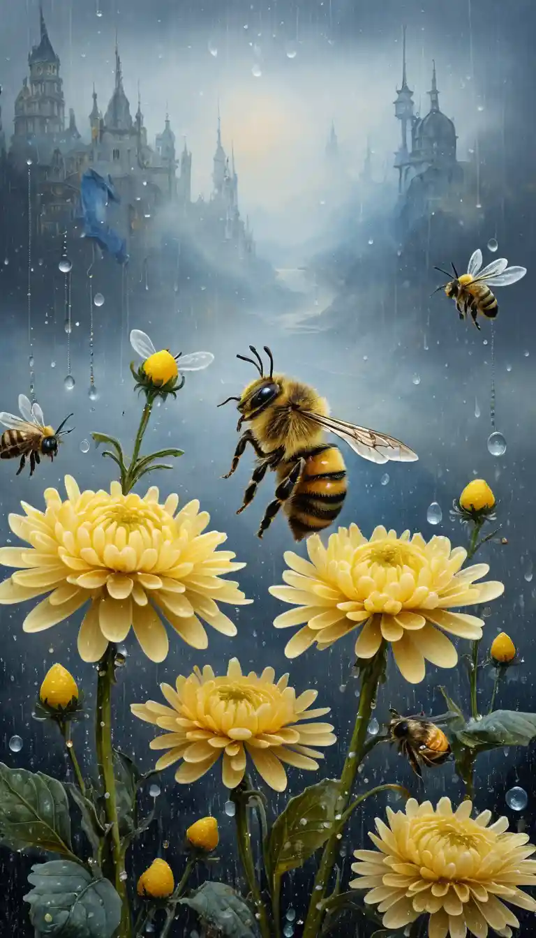 Biene zwischen zitronengelben Chrysanthemen im schrägen Regen