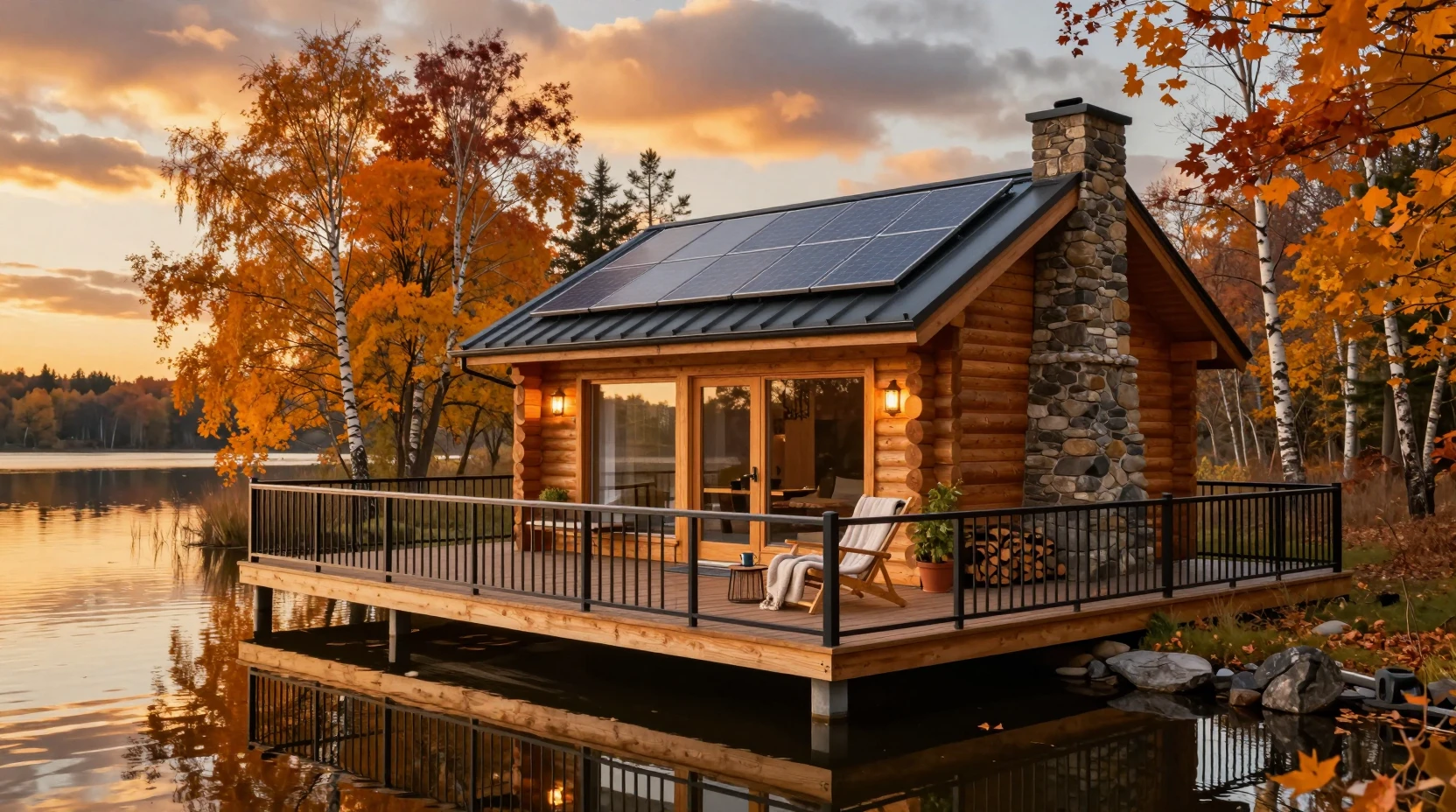 Cozy autumn lakeside cabin at golden hour with deck