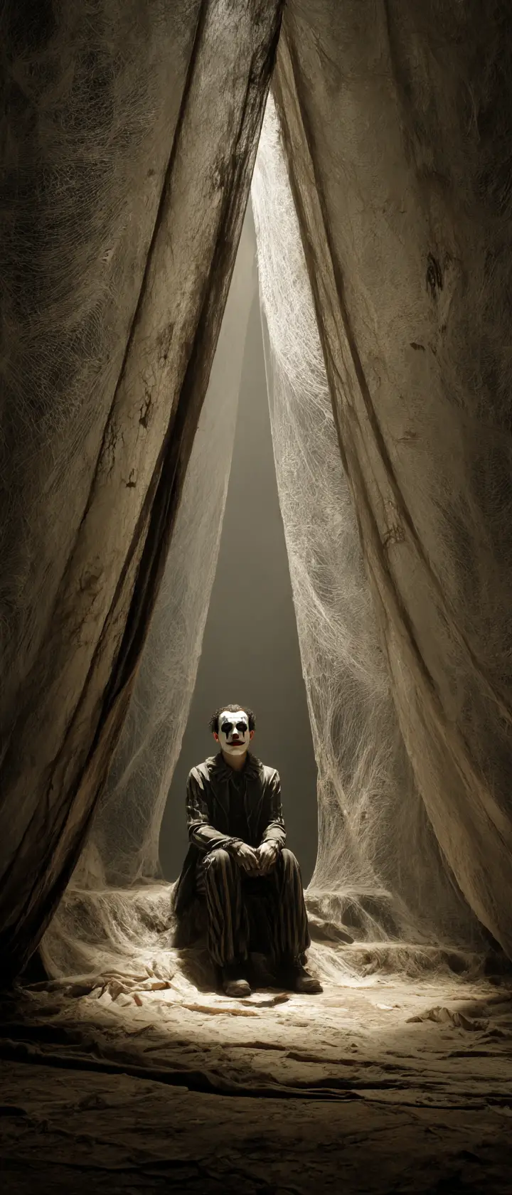 A solitary jester under a spotlight on an ancient stage