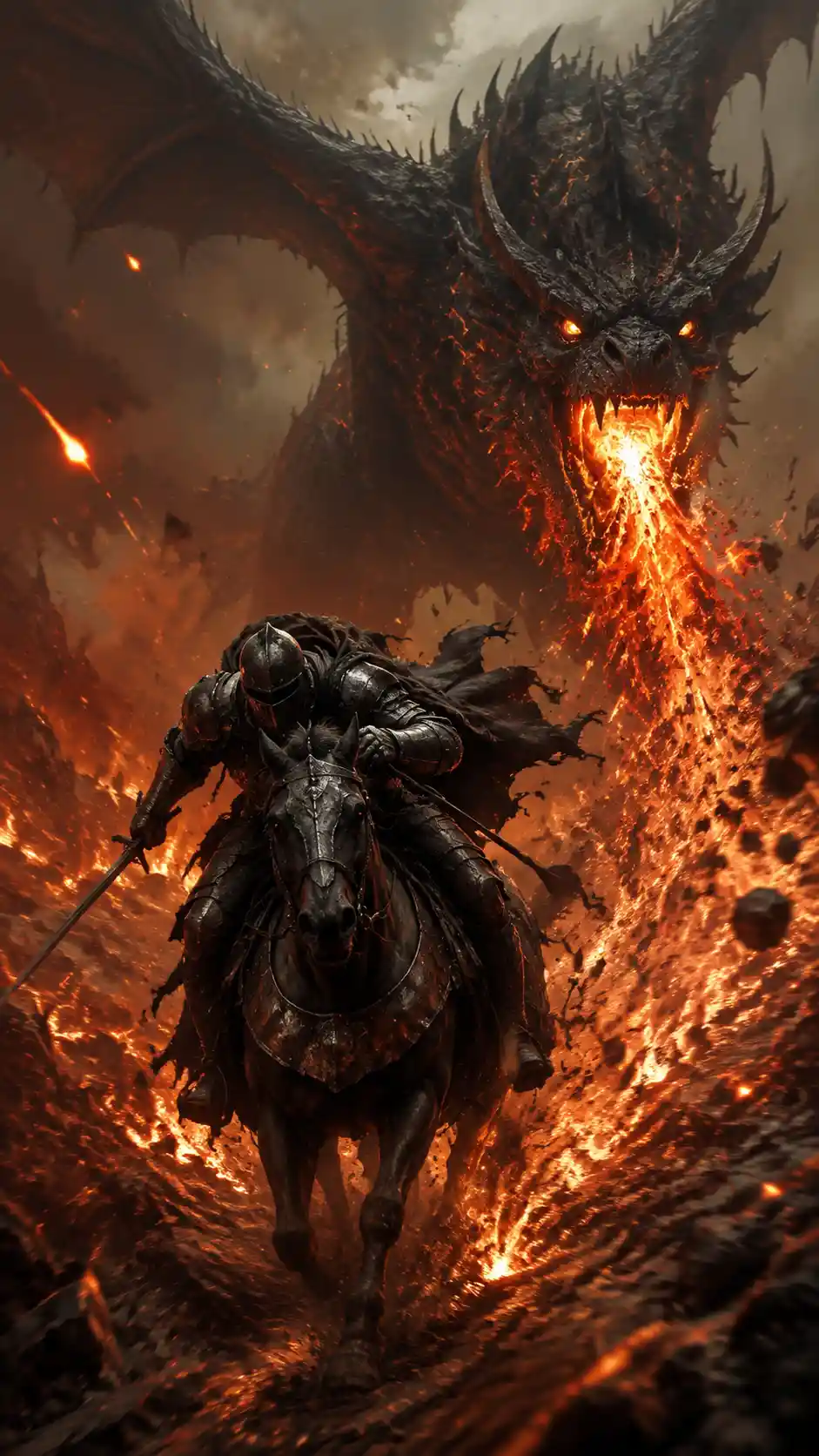 Armored knight fleeing a colossal fire breathing beast