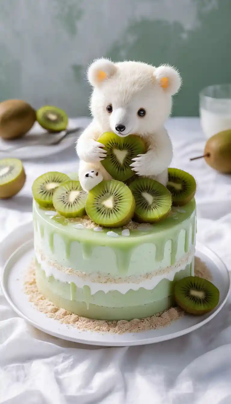 Transparenter Kiwi-Kuchenstück mit süßem Bären auf weißem Tisch