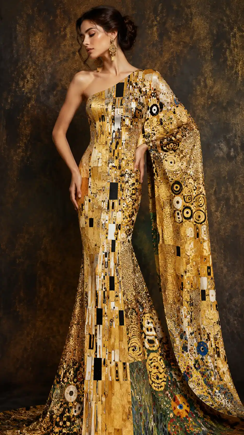 Mädchen im fließenden Couture-Kleid mit ornamentalen Mustern