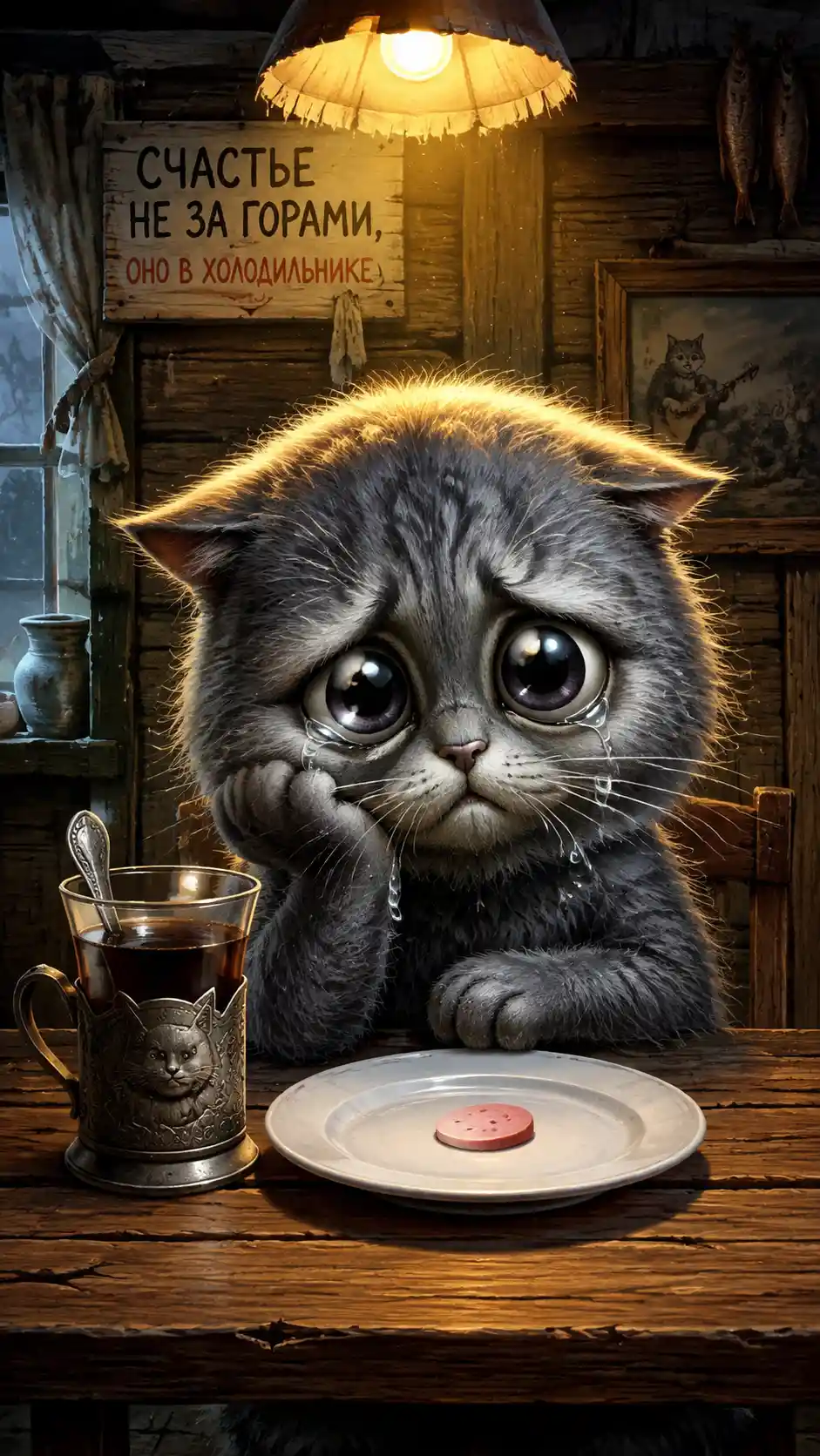 Chaton gris duveteux et triste à une table en bois rustique
