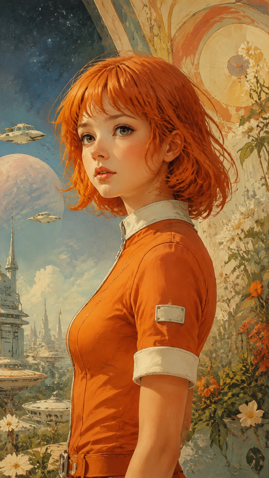 Portrait d’une fille en combinaison orange sur fond fantastique