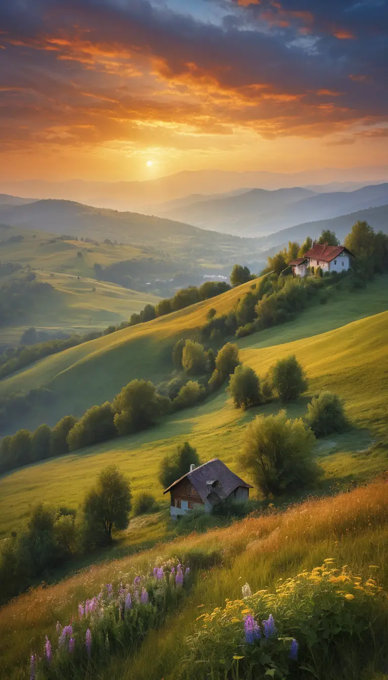 Colorato paesaggio montano al crepuscolo con dolci pendii estivi
