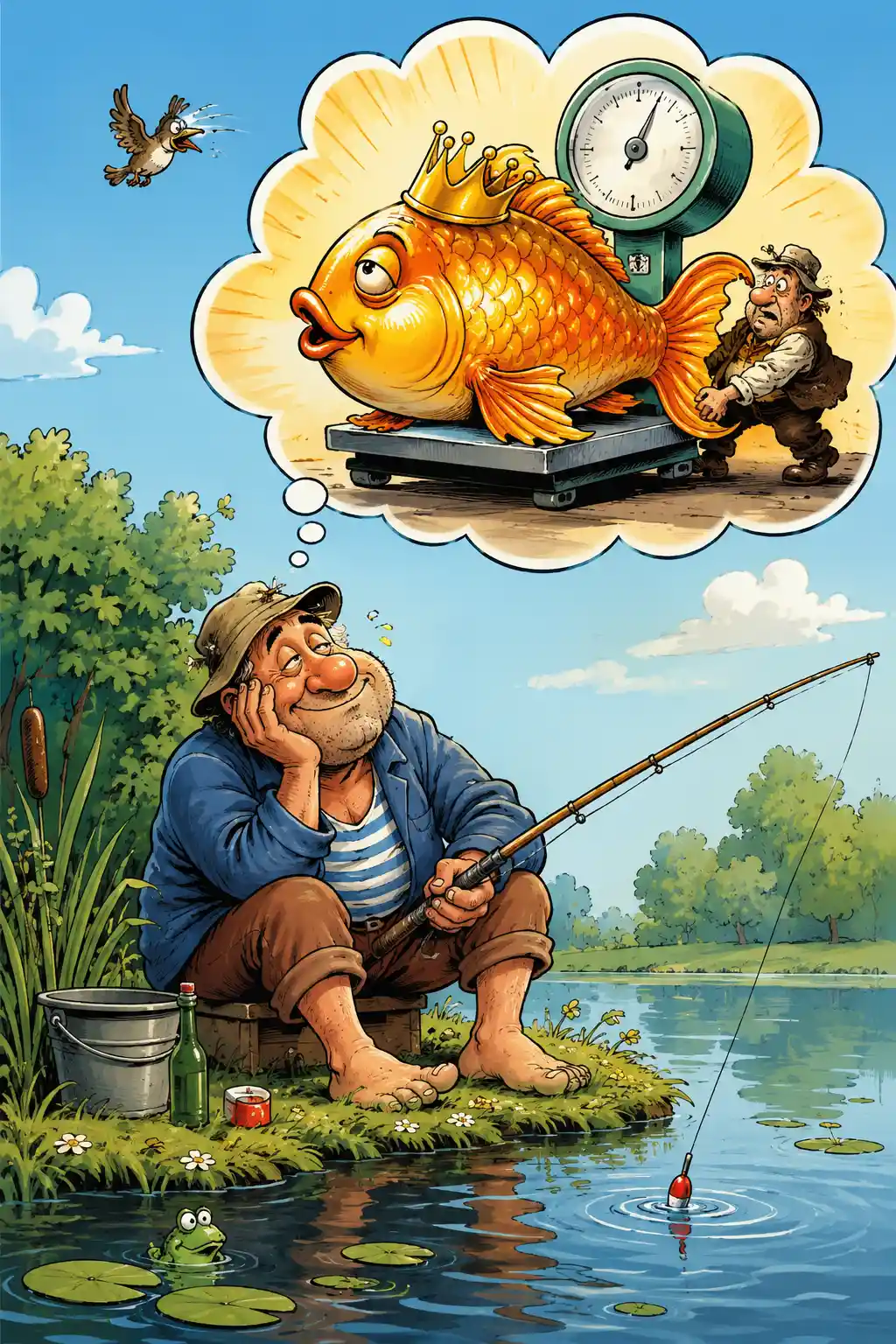 Verspielter Comic-Angler wartet am stillen Teich