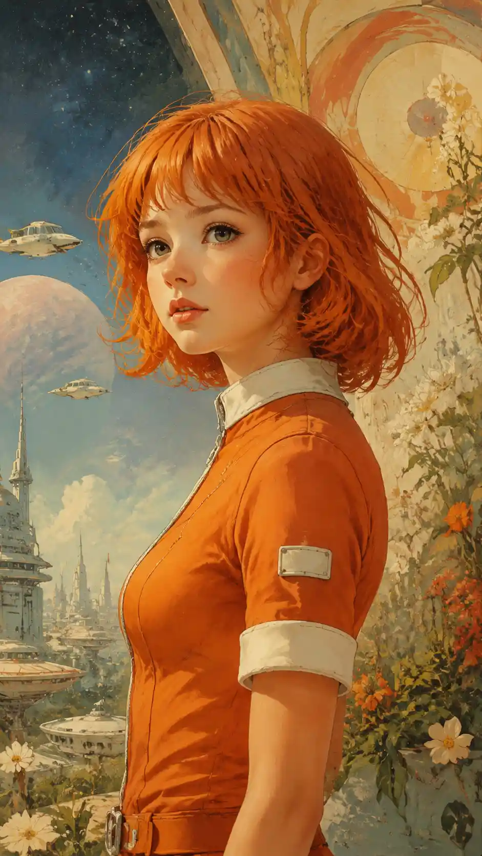 Retrato de garota em macacão laranja com fundo de fantasia