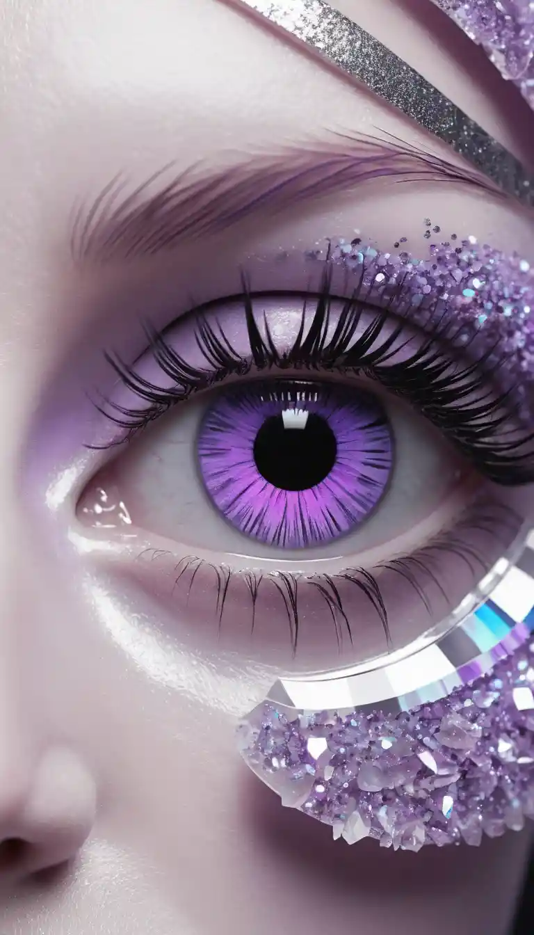 Primer plano de ojo digital con cuenca de cristal lila y pestañas neón