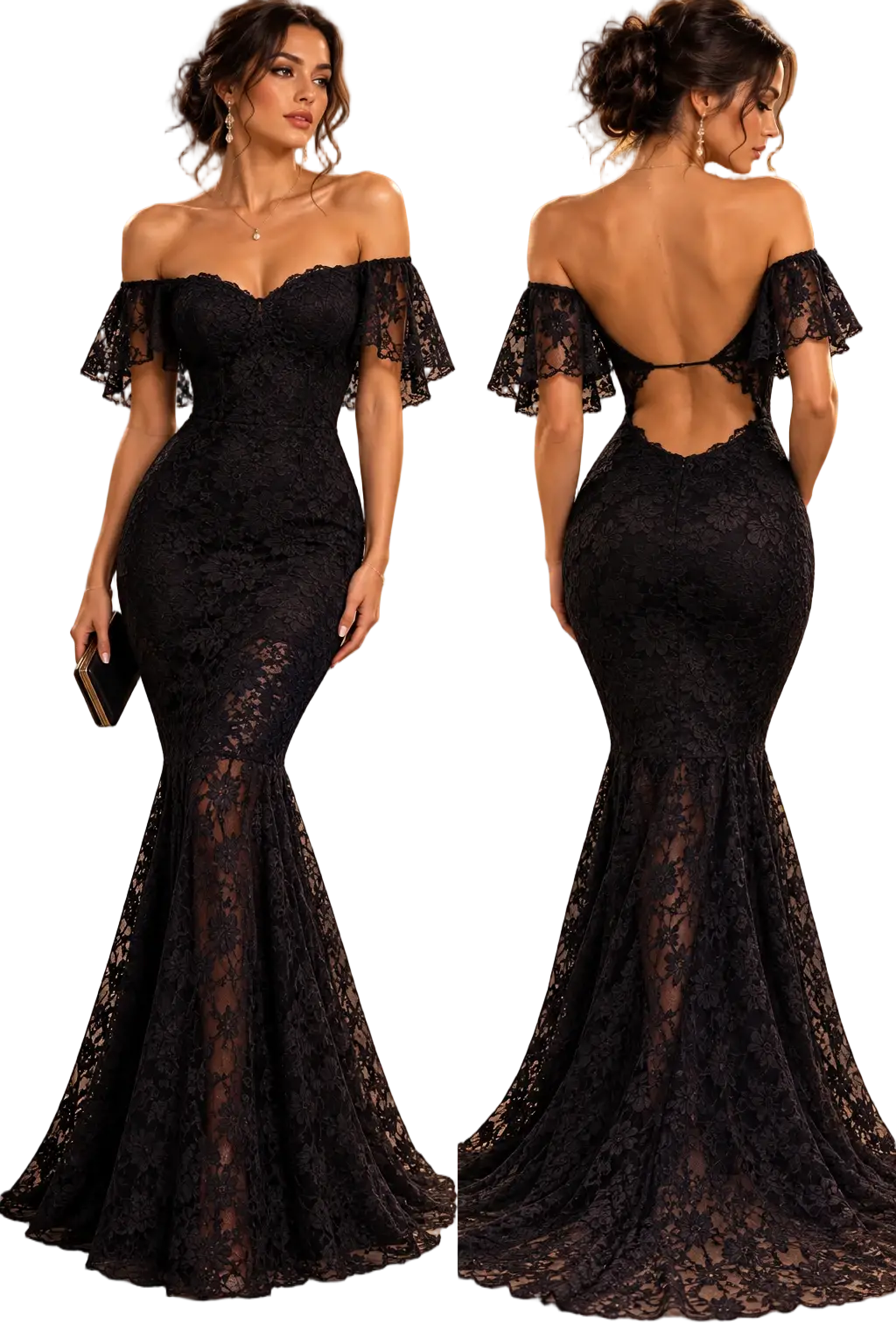 Elegant black lace dress with flared knee length silhouette