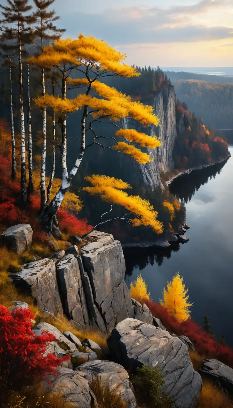 Vue du coucher de soleil depuis une falaise rocheuse au-dessus d’un lac d’automne