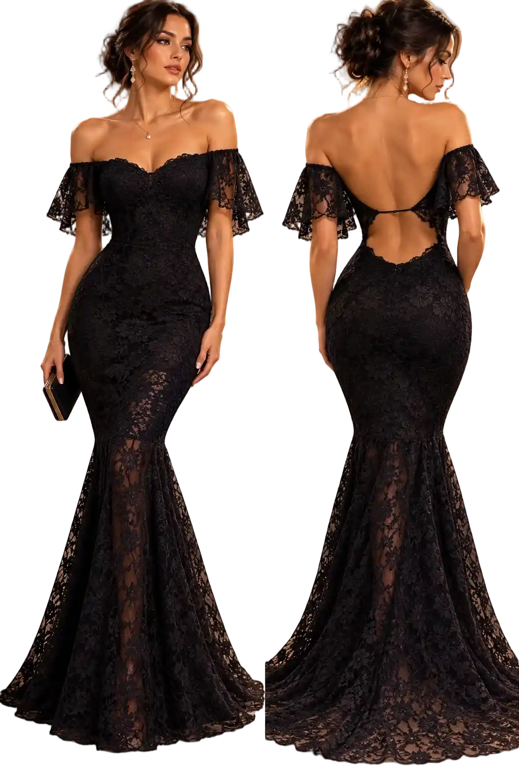 Elegant black lace dress with flared knee length silhouette