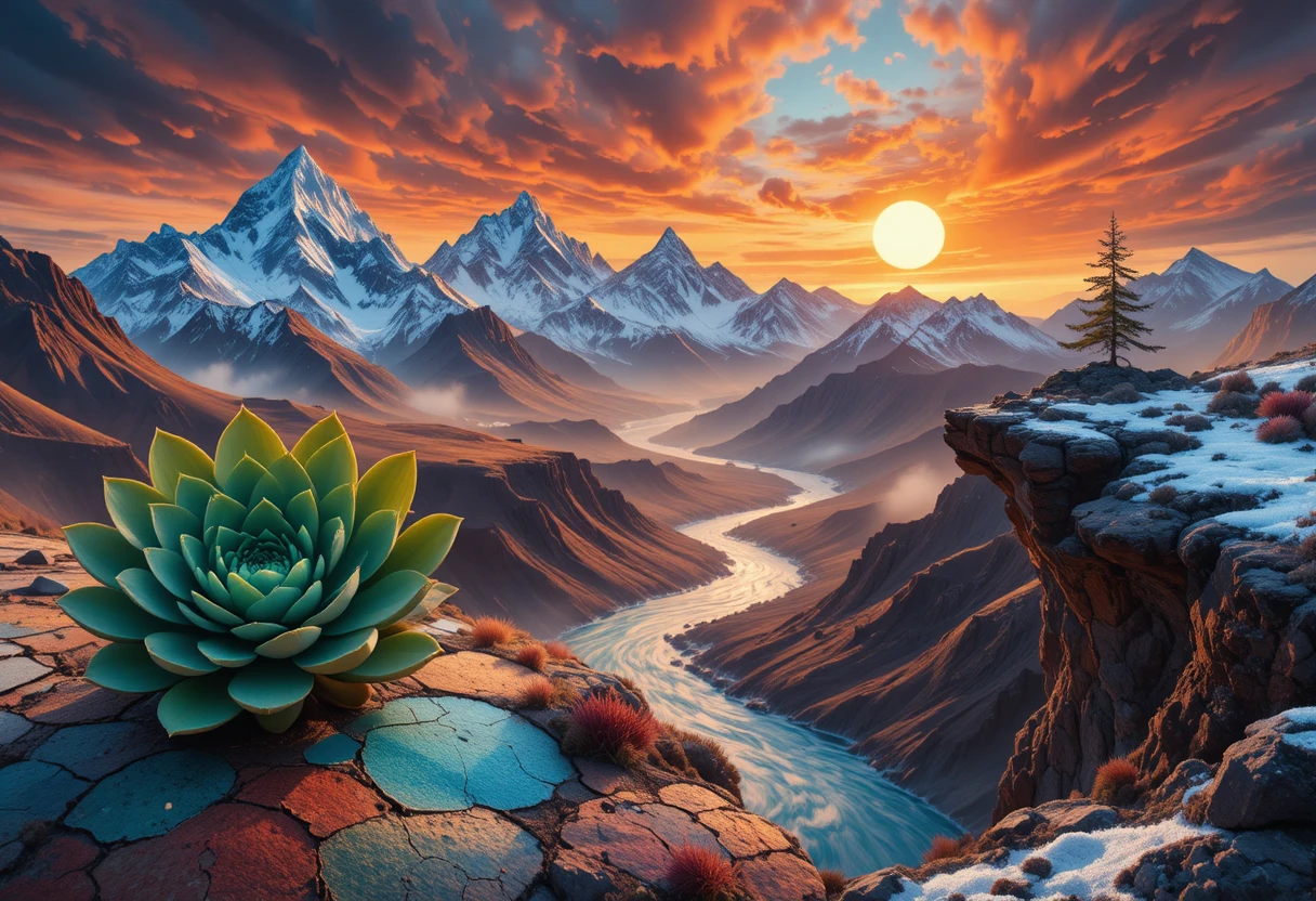 Paisagem montanhosa surreal com cacto e céu de pôr do sol em chamas