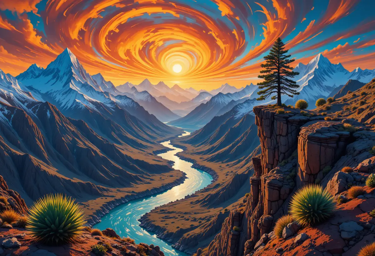 Surreales Bergtal unter einem feurigen Sonnenuntergangshimmel