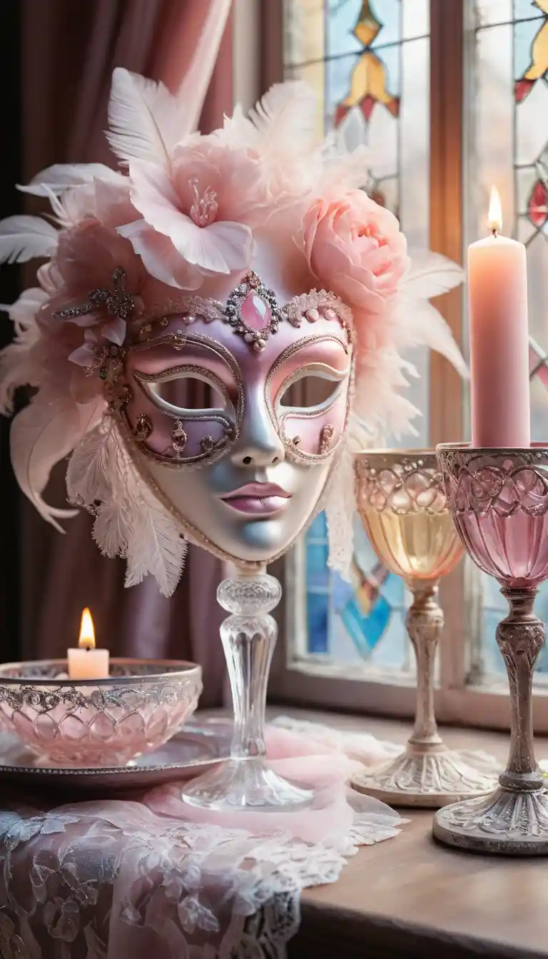 Maschera veneziana e calice di vino su un tavolo decorato in tonalità pastello