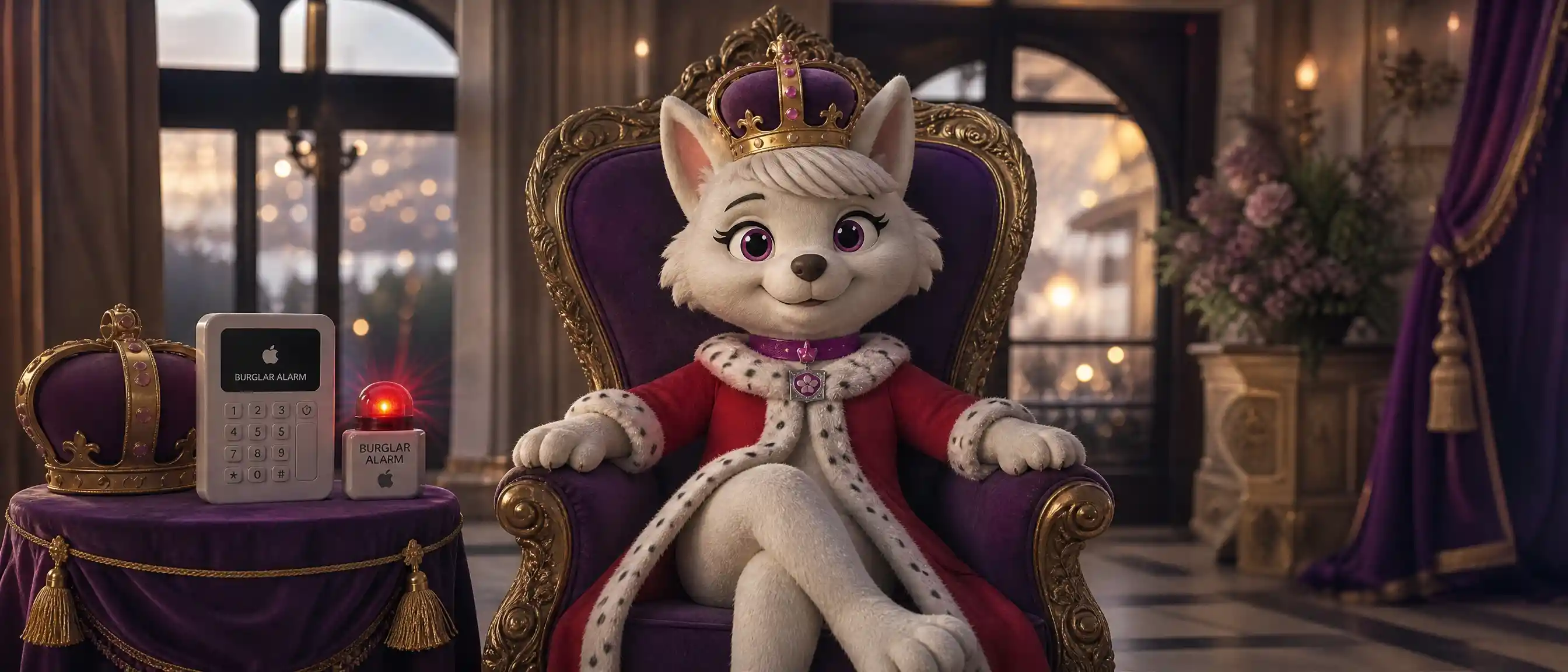 Mascote de cachorro princesa real usando coroa e traje majestoso