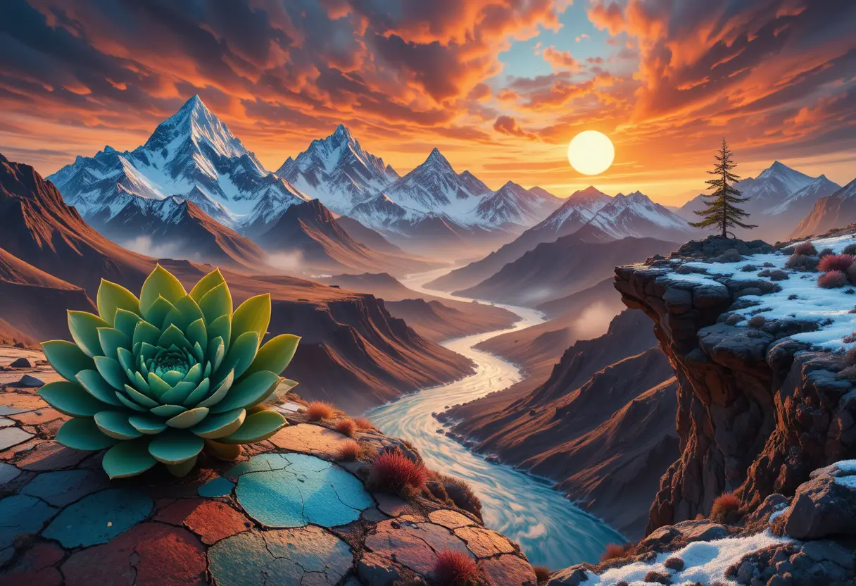仙境感山景：仙人掌與火紅夕陽天空