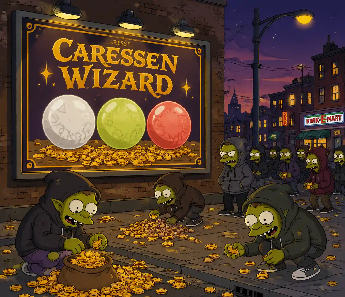 Outdoor de rua em desenho animado com bolas coloridas e goblins