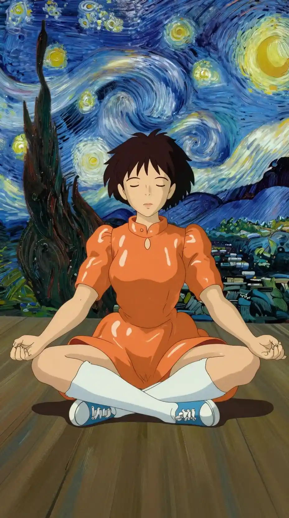 Mulher tímida de anime meditando em um sereno estilo Studio Ghibli