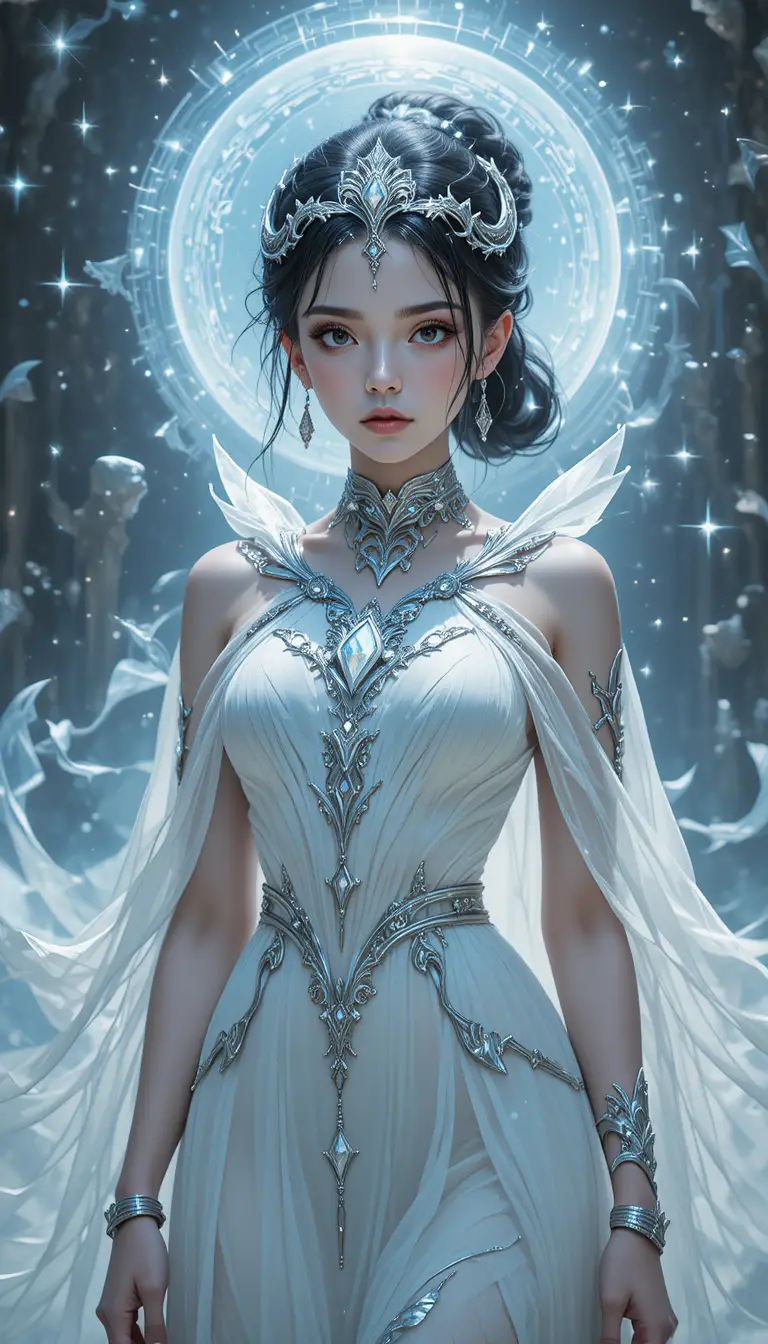 Fille d’anime fantomatique en longue robe blanche fluide avec bijoux en argent