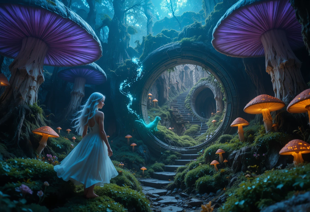 精靈少女踏入發光的遠古蘑菇森林