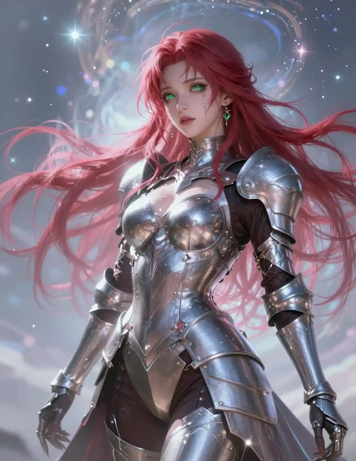 Heroína de anime blindada com olhos verdes e cabelo rosa selvagem