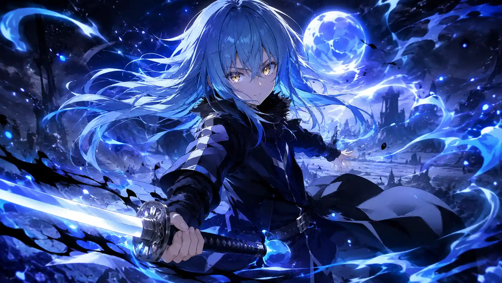 Guerriero di slime in stile anime con luminosa aura magica in azione