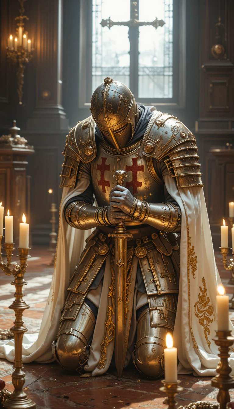 Templer-Ritter kniet im Gebet mit Schwert und Umhang