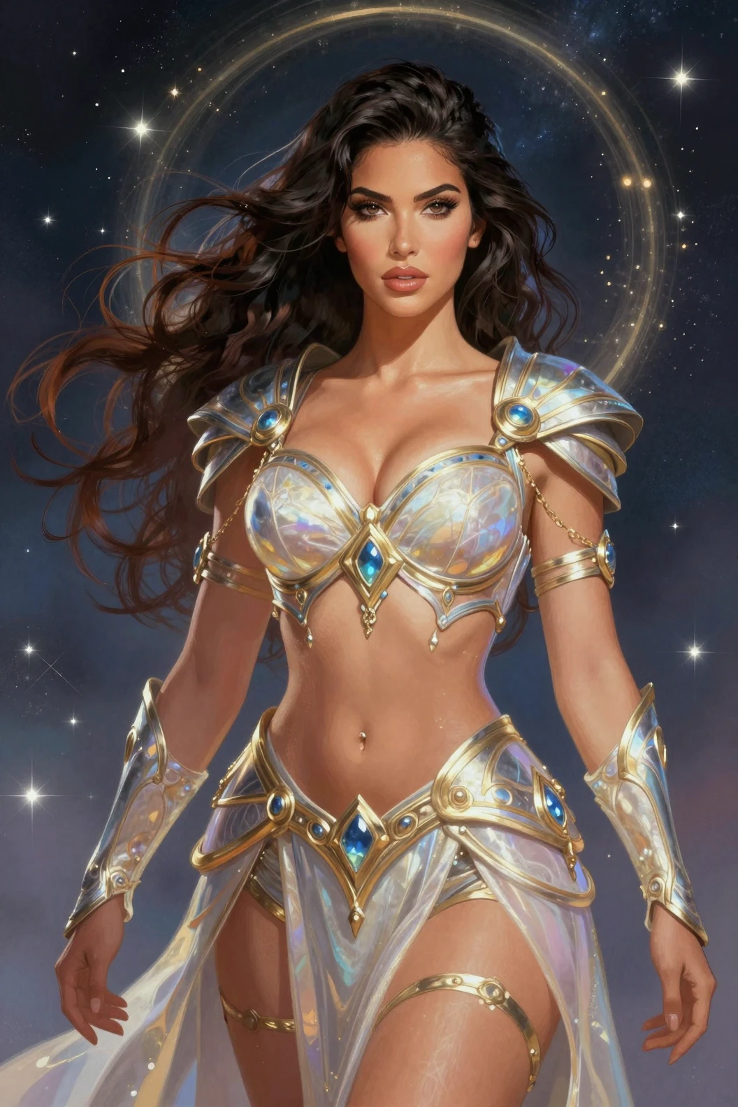 Guerrera curvilínea de fantasía posando como una diosa radiante