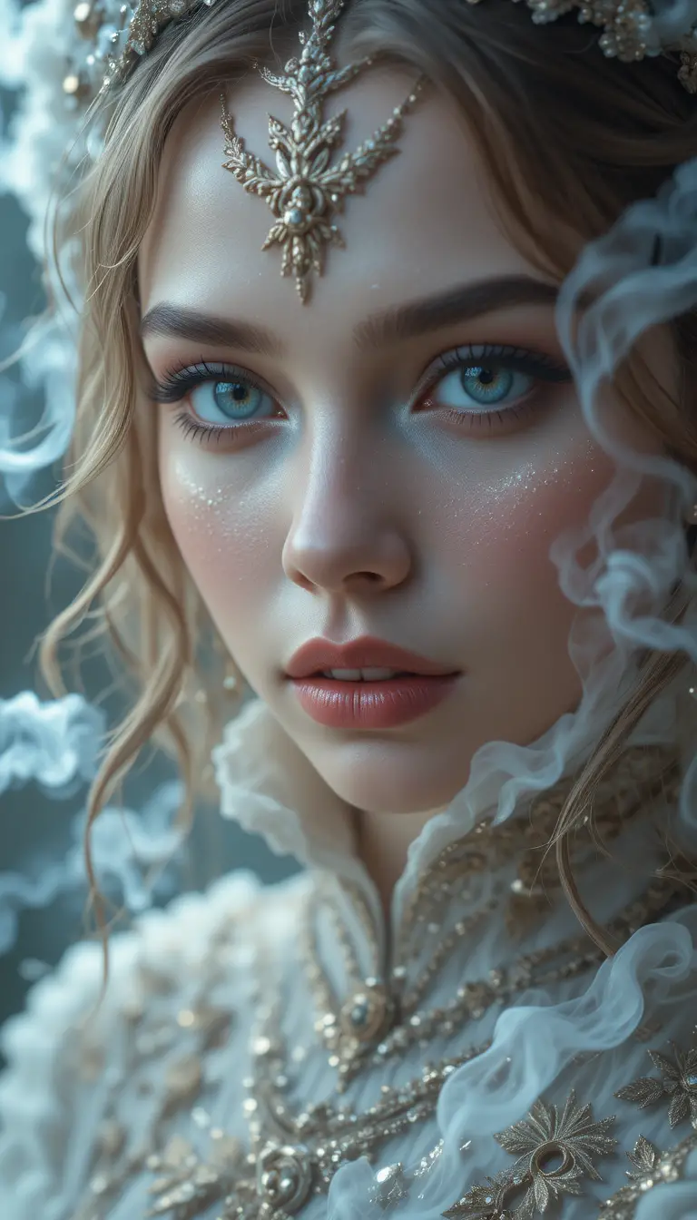 Primo piano di donna mistica fantasy con fumo vorticoso