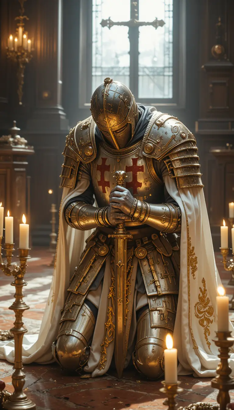 Cavaliere templare in ginocchio in preghiera con spada e mantello