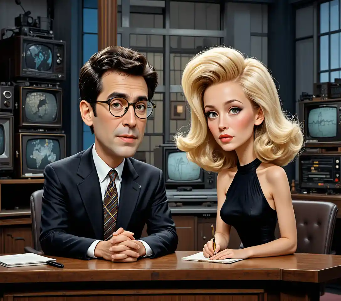 Cena de estúdio de TV vintage com apresentador e convidada séria